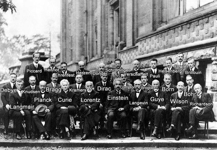 Langmuir in good company with Max Planck , Madame Curie, Einstein, Schrödinger, Heisenberg, Bohr and others at the Solvay Conference , 1927.